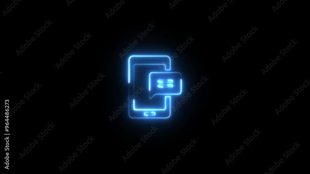 Neon outline of a smartphone with a chat bubble icon animated on a dark background. Neon outline of a smartphone with a chat bubble icon animated on a dark background.