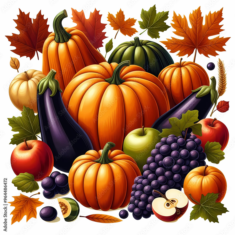 Harvest concept. Isolated illustration of autumn fruits and vegetables with yellow leaves on white background. Harvest concept. Isolated illustration of autumn fruits and vegetables with yellow leaves on white background.
