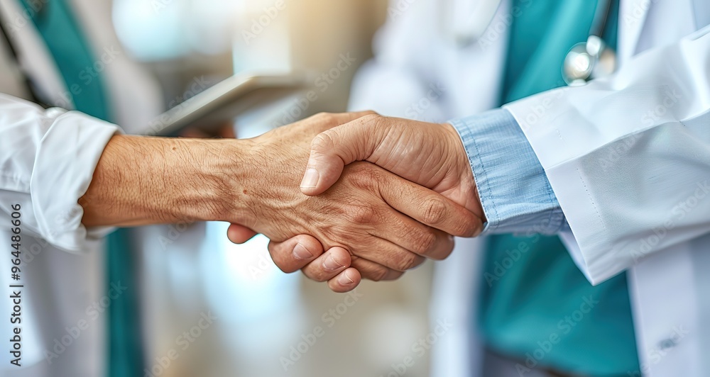 Closeup of two doctors shaking hands. Represents teamwork, collaboration and partnership in healthcare. Closeup of two doctors shaking hands. Represents teamwork, collaboration and partnership in healthcare.