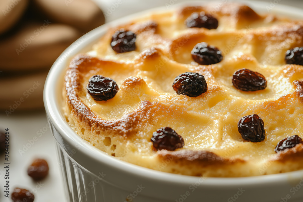 Delicious homemade bread and butter pudding with raisins baked to golden perfection in a cozy kitchen Delicious homemade bread and butter pudding with raisins baked to golden perfection in a cozy kitchen