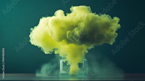 Chlorine Gas Cloud: A representation of chlorine gas as a greenish-yellow cloud swirling in a transparent container, with a sense of toxic danger.
