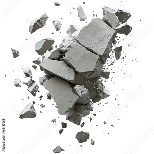 Fragments of broken concrete debris scattering across a transparent background during demolition activity photo