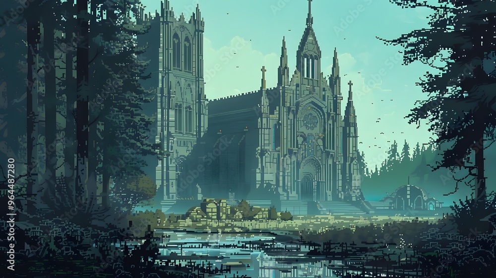 A grand cathedral stands majestically in a lush forest, with sunlight filtering through the trees, creating a serene and enchanting atmosphere. The pixel art style adds a nostalgic charm. A grand cathedral stands majestically in a lush forest, with sunlight filtering through the trees, creating a serene and enchanting atmosphere. The pixel art style adds a nostalgic charm.