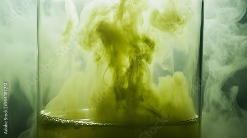 Chlorine Gas Cloud: A representation of chlorine gas as a greenish-yellow cloud swirling in a transparent container, with a sense of toxic danger.
