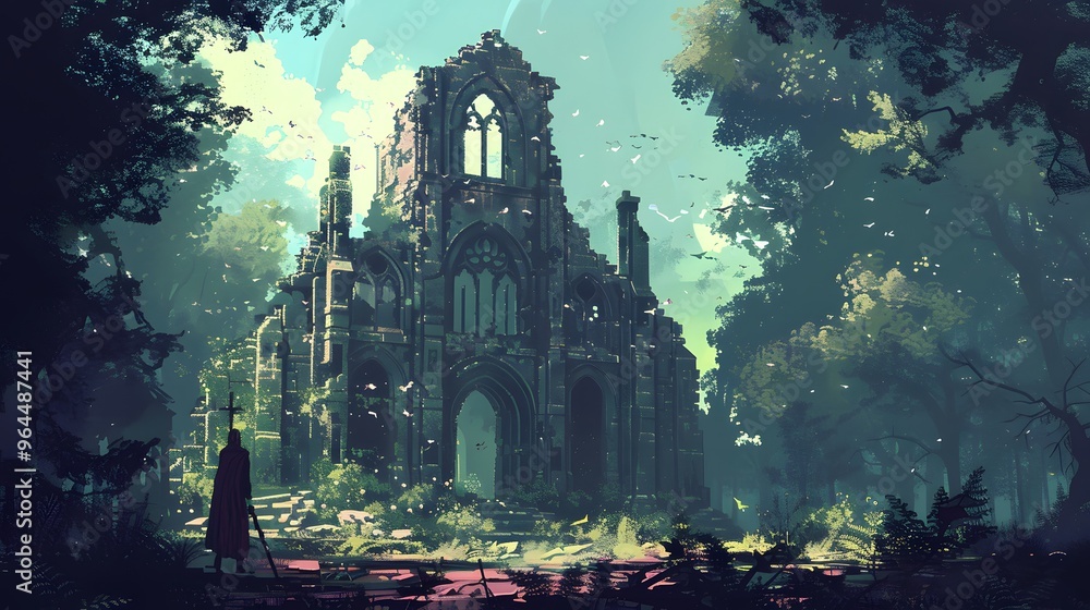 A grand cathedral stands majestically in a lush forest, with sunlight filtering through the trees, creating a serene and enchanting atmosphere. The pixel art style adds a nostalgic charm. A grand cathedral stands majestically in a lush forest, with sunlight filtering through the trees, creating a serene and enchanting atmosphere. The pixel art style adds a nostalgic charm.