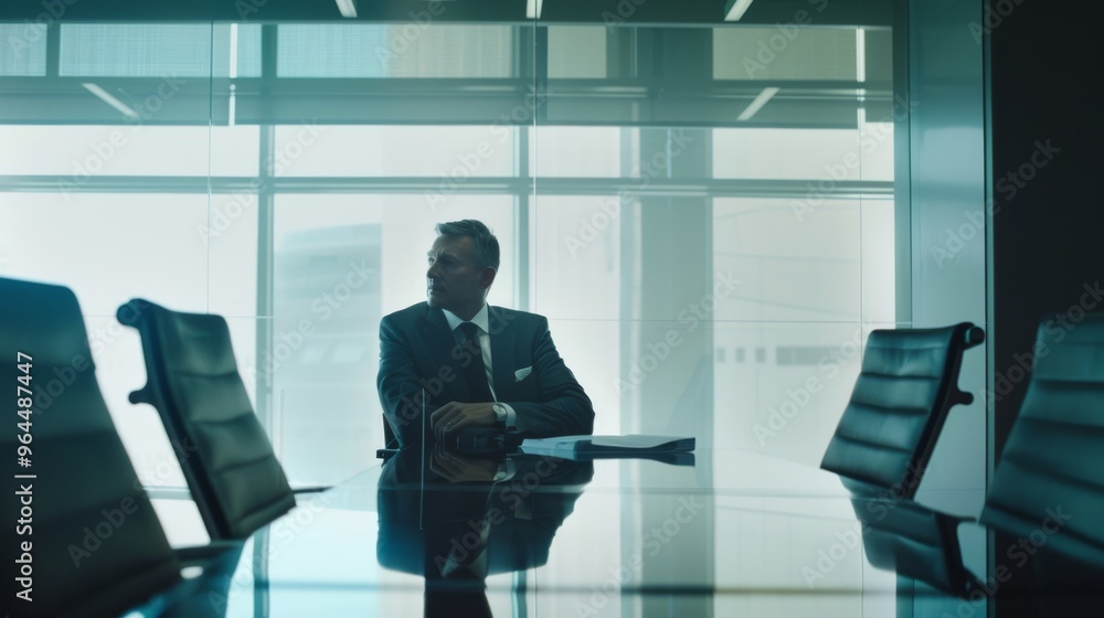 A solitary businessman with a serious demeanor sits at a reflective conference table with a backdrop of large windows, embodying power and decision. A solitary businessman with a serious demeanor sits at a reflective conference table with a backdrop of large windows, embodying power and decision.