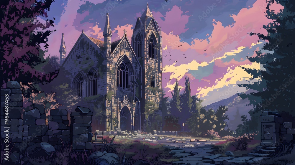 A grand cathedral stands majestically in a lush forest, with sunlight filtering through the trees, creating a serene and enchanting atmosphere. The pixel art style adds a nostalgic charm. A grand cathedral stands majestically in a lush forest, with sunlight filtering through the trees, creating a serene and enchanting atmosphere. The pixel art style adds a nostalgic charm.