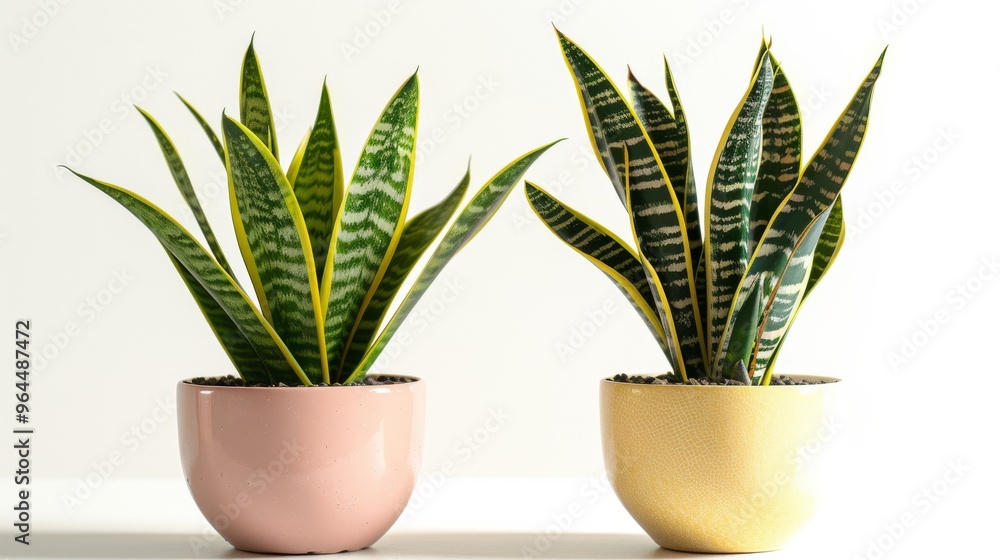 Two vibrant snake plants in light pink and yellow pots are placed against a white background, showcasing their structured leaves and decorative appeal. Two vibrant snake plants in light pink and yellow pots are placed against a white background, showcasing their structured leaves and decorative appeal.