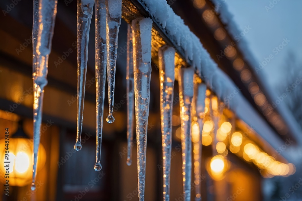 Icicles hang dramatically from a roof, illuminated by soft light, creating a cozy winter atmosphere that showcases the beauty of frosty weather. Icicles hang dramatically from a roof, illuminated by soft light, creating a cozy winter atmosphere that showcases the beauty of frosty weather.