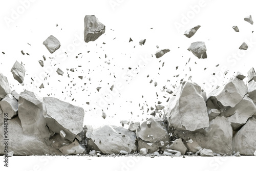 Debris flying from a concrete wall during demolition, captured against a transparent background to emphasize the action and impact