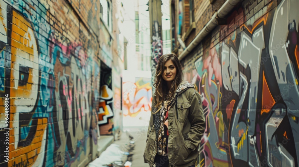 A young woman stands confidently in a graffiti-covered alley, blending urban art with personal style in a vibrant, edgy atmosphere. A young woman stands confidently in a graffiti-covered alley, blending urban art with personal style in a vibrant, edgy atmosphere.