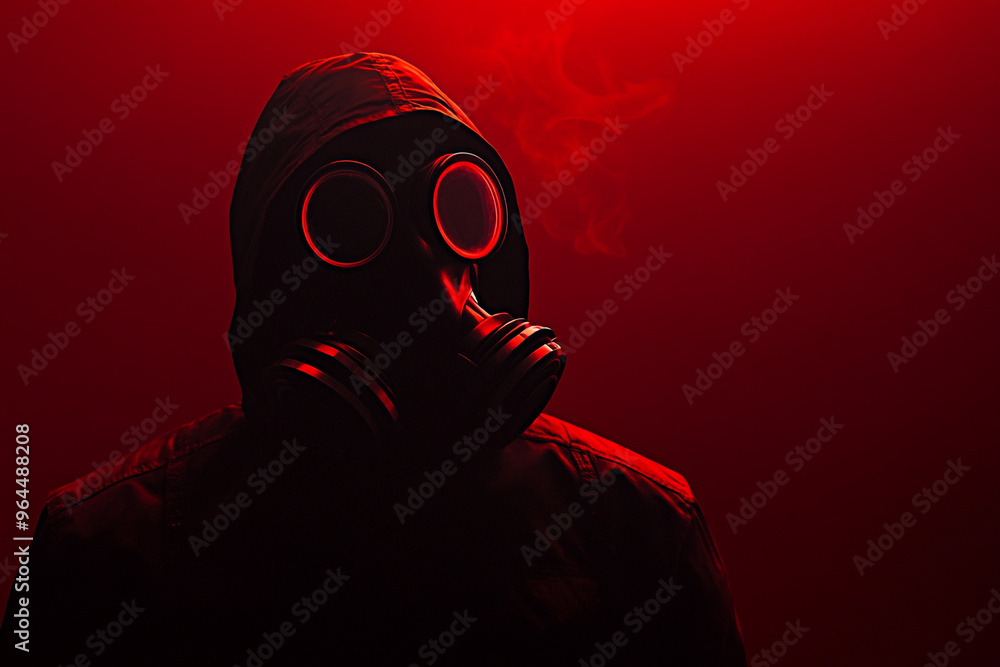 A person wearing a gas mask with a red light, in a horror-style setting with a dark background. A person wearing a gas mask with a red light, in a horror-style setting with a dark background.