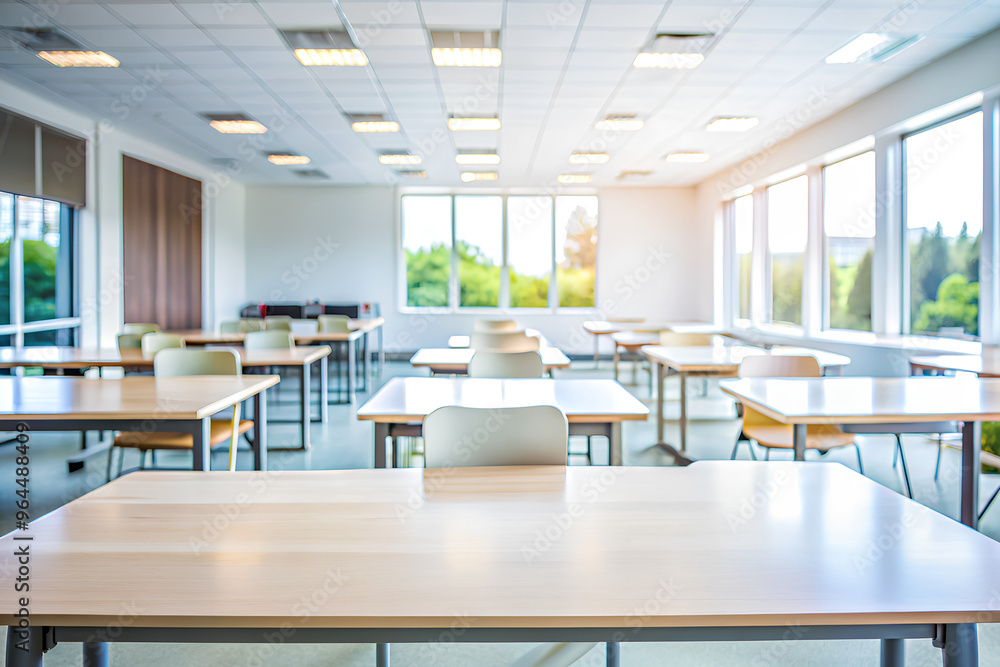 Empty White table in modern classroom, Beautiful blurred background of bright classroom Empty White table in modern classroom, Beautiful blurred background of bright classroom