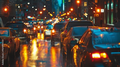 A busy city street at dusk, with cars illuminated by streetlights, capturing the urban hustle.