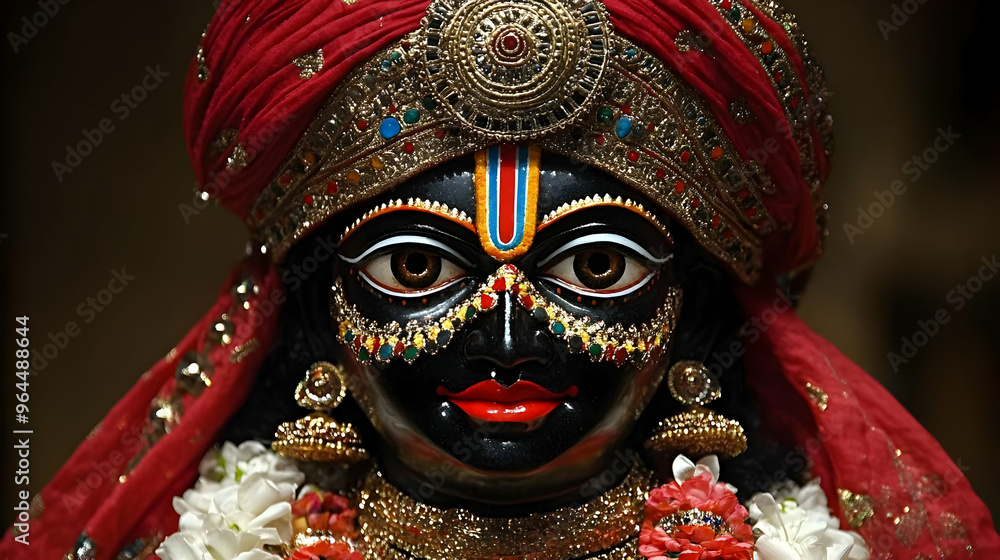 Naklejka premium A detailed depiction of a deity adorned with traditional jewelry and vibrant attire.