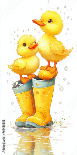 duck ducks yellow rain boots cute cartoon animal footwear water spring wet playful cheerful puddle baby ducks happy nature illustration fun children nursery art