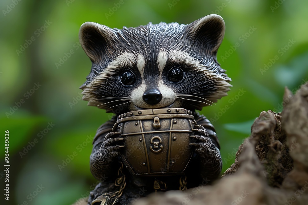 Funny statue, raccoon holding a treasure chest, looking mischievous ...