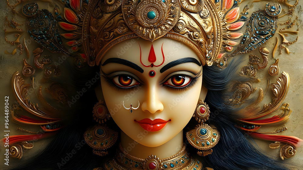 A detailed depiction of a goddess with ornate jewelry and vibrant features. A detailed depiction of a goddess with ornate jewelry and vibrant features.