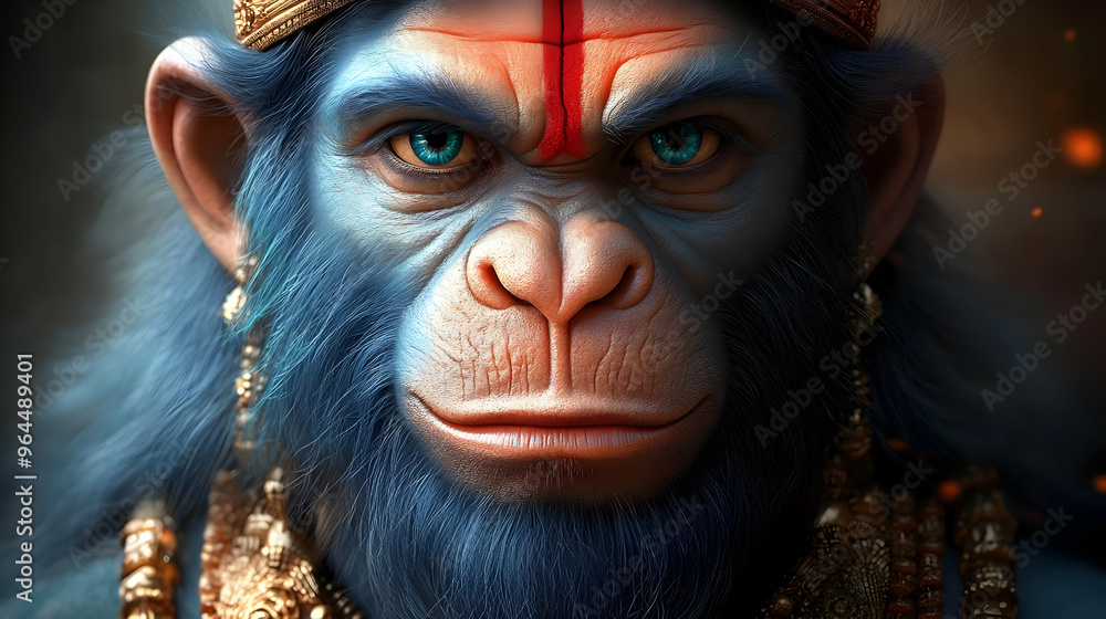 A detailed depiction of a mythical monkey god with vibrant colors and ornate jewelry. A detailed depiction of a mythical monkey god with vibrant colors and ornate jewelry.
