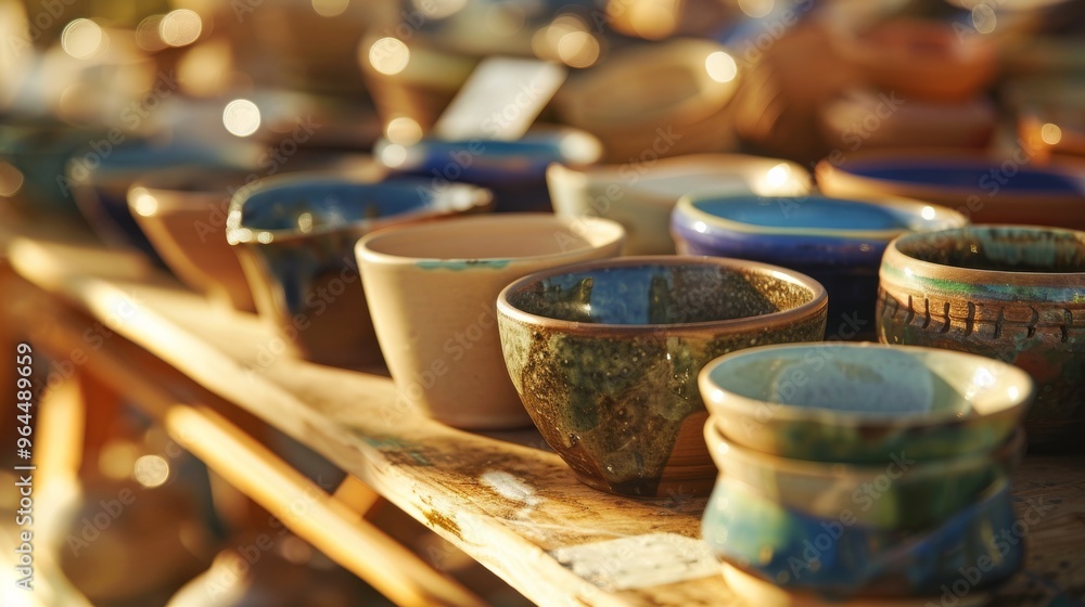 A rustic display of handmade ceramic bowls in various earthy tones and textures, bathed in warm, late-afternoon sunlight. A rustic display of handmade ceramic bowls in various earthy tones and textures, bathed in warm, late-afternoon sunlight.