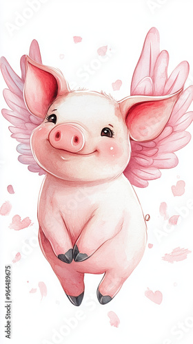 pig cute animal cartoon flying wings illustration happy character adorable pink whimsical fantasy art cheerful baby playful love smile positive nature flowers 
