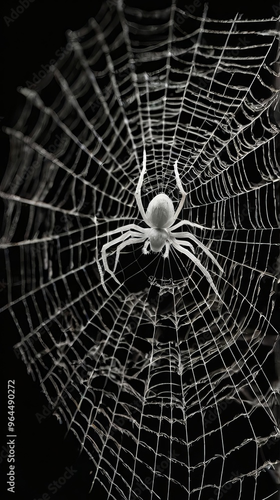 Obraz premium Close-up spider web against a dark background, Black and white halloween backdrop