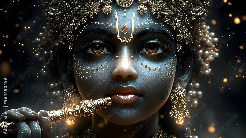 A detailed portrait of a deity adorned with intricate jewelry and holding a flute. A detailed portrait of a deity adorned with intricate jewelry and holding a flute.