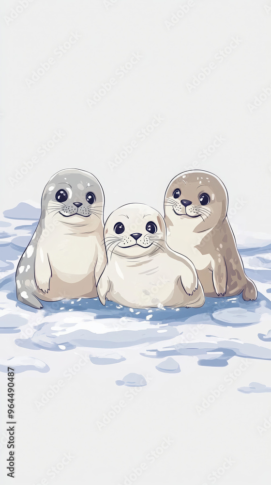Obraz premium seal cute animals marine life wildlife water cartoon fun illustration playful ocean family friends art nature adorable baby seal three seals animal illustration 