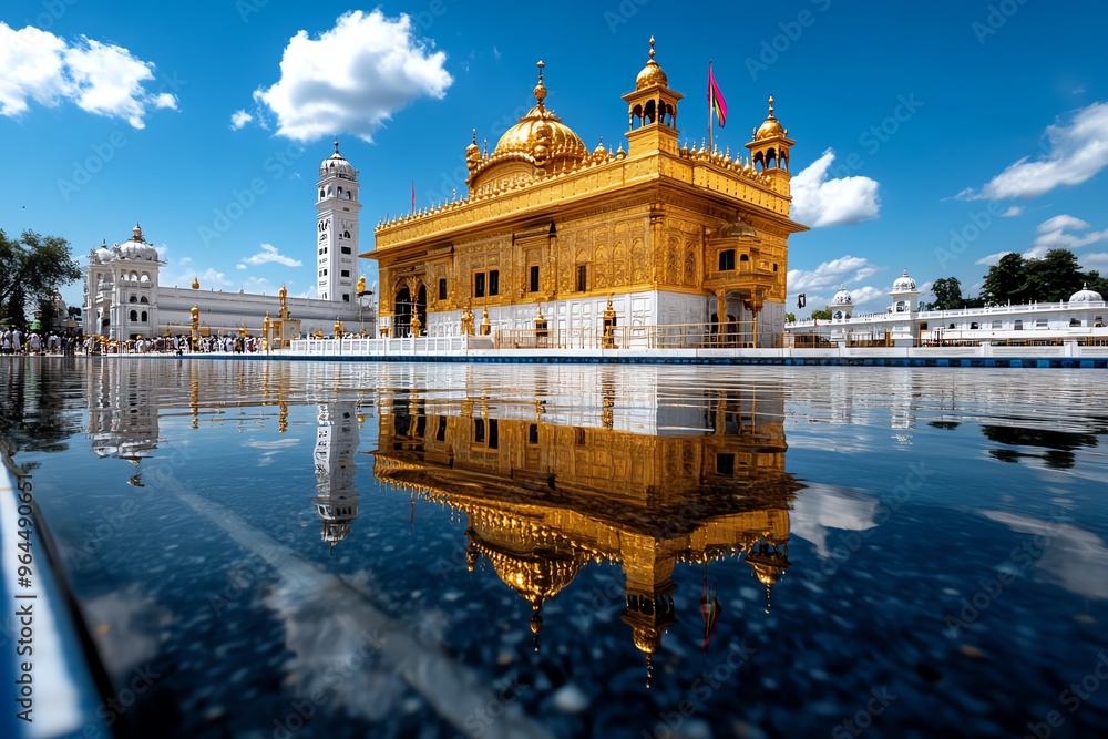 Fototapeta premium Golden temple, reflecting in a serene pond, peaceful atmosphere shines brilliantly under the sun, representing purity and devotion