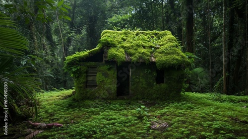 Moss-covered cottage in a dense forest with sunlight filtering through the trees.