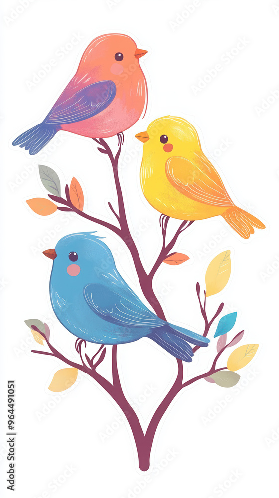 Obraz premium birds colorful birds tree nature illustration pastel colors cute animals wildlife spring art vibrant chickadee happy cartoon whimsical flora fauna cartoon birds playful 