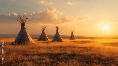 Tipis in a grassy field at sunset.