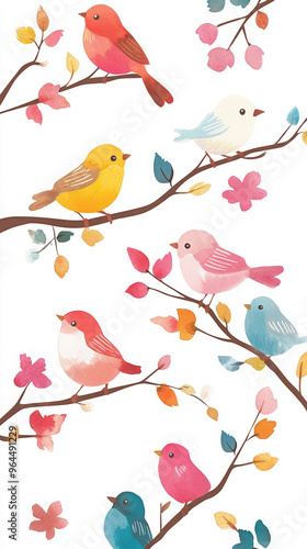 birds tree colorful nature illustration branches leaves wildlife art vibrant autumn cute birds whimsical design avian life decorative art seasonal theme 