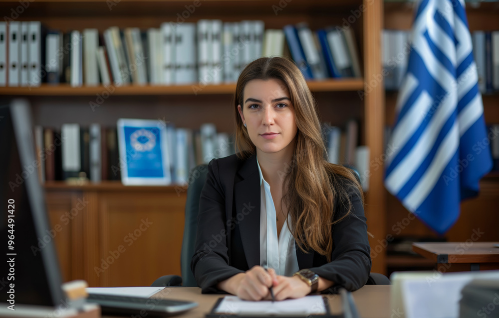Portrait of a female Greek public official sitting at her desk in her office, looking into the camera with a computer and Greek flag on the shelf behind her Portrait of a female Greek public official sitting at her desk in her office, looking into the camera with a computer and Greek flag on the shelf behind her