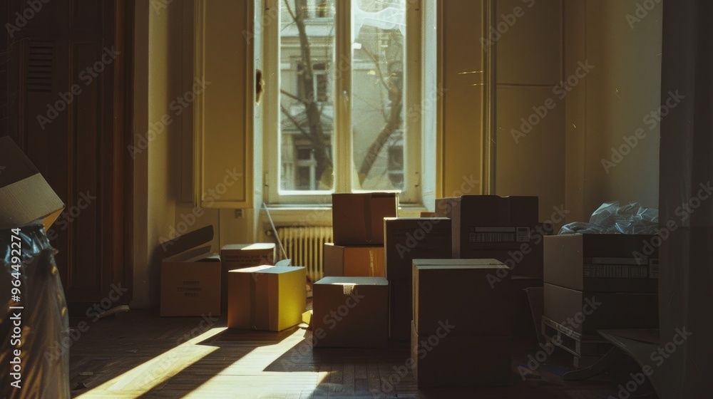 Packed boxes in a sunlit room with a large window overlooking the street. Packed boxes in a sunlit room with a large window overlooking the street.