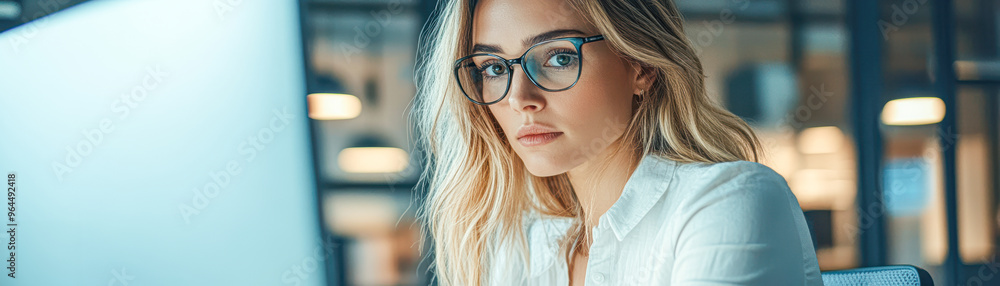 Fototapeta premium A woman wearing glasses is sitting at a desk in front of a computer monitor
