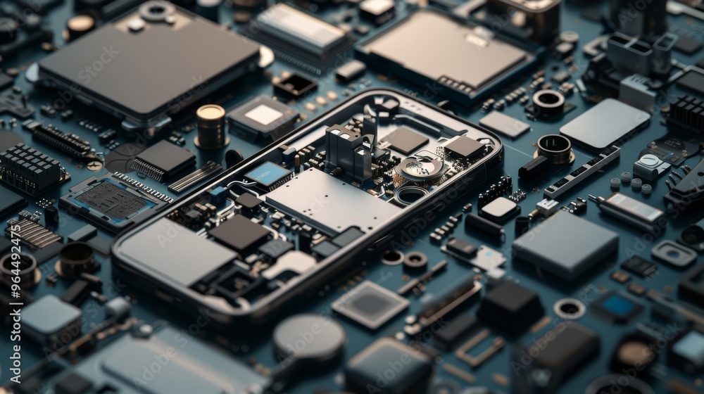 An array of disassembled smartphone components is artfully arranged, showcasing the intricate details of modern technology. An array of disassembled smartphone components is artfully arranged, showcasing the intricate details of modern technology.