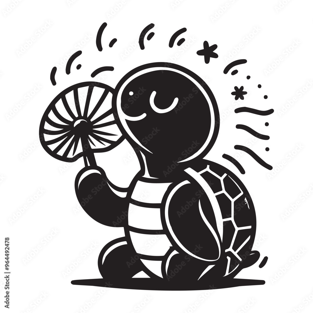 Obraz premium Turtle relaxing outdoors with fan and leaves black color silhouette vector art