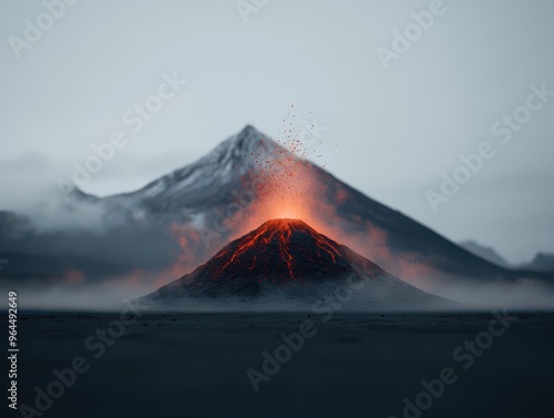 Erupting Volcano with Glowing Lava and Snow-Capped Mountain in the Background at Dusk