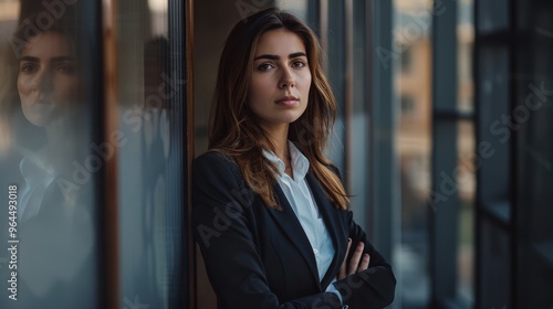 A confident woman in a business suit stands in front of a glass wall, exuding professionalism and determination in a corporate setting.