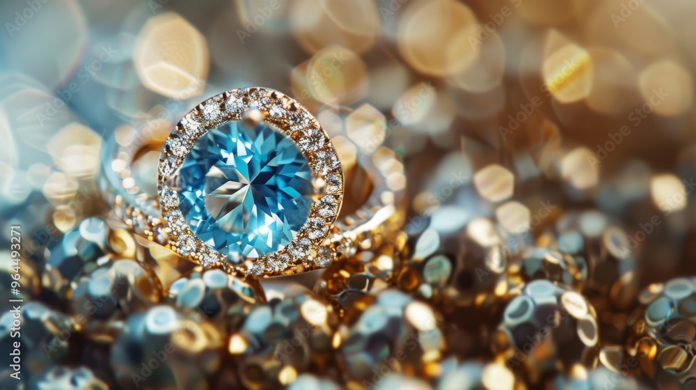 A close-up shot of a dazzling blue gemstone ring surrounded by sparkling gold and light reflections, exuding luxury and elegance. A close-up shot of a dazzling blue gemstone ring surrounded by sparkling gold and light reflections, exuding luxury and elegance.