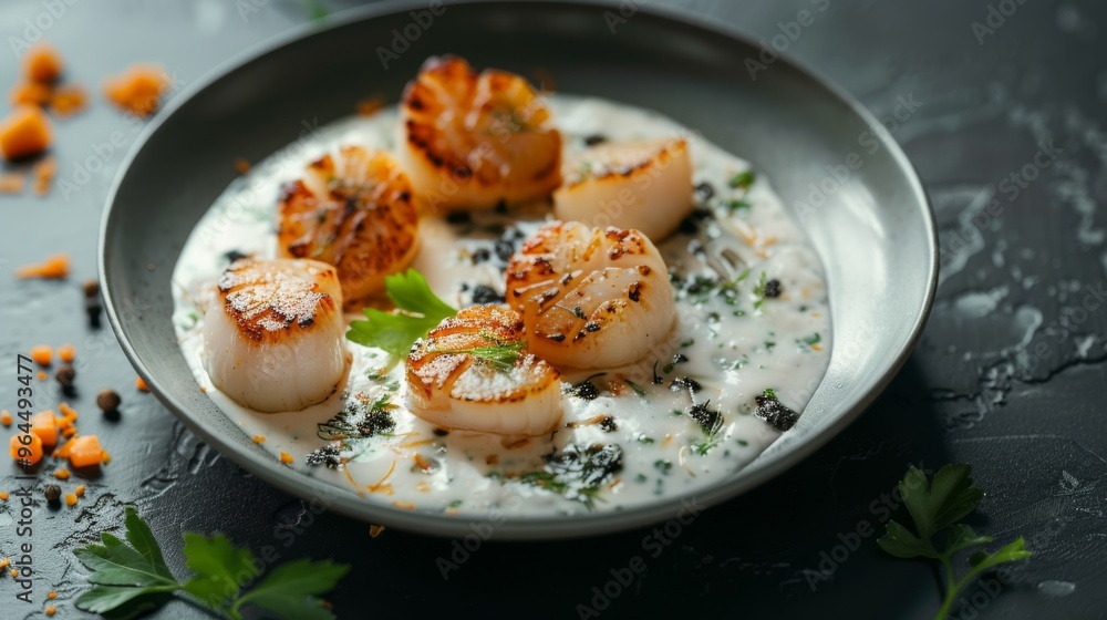 Succulent seared scallops rest on a bed of creamy white sauce, garnished with herbs, offering a gourmet presentation. Succulent seared scallops rest on a bed of creamy white sauce, garnished with herbs, offering a gourmet presentation.