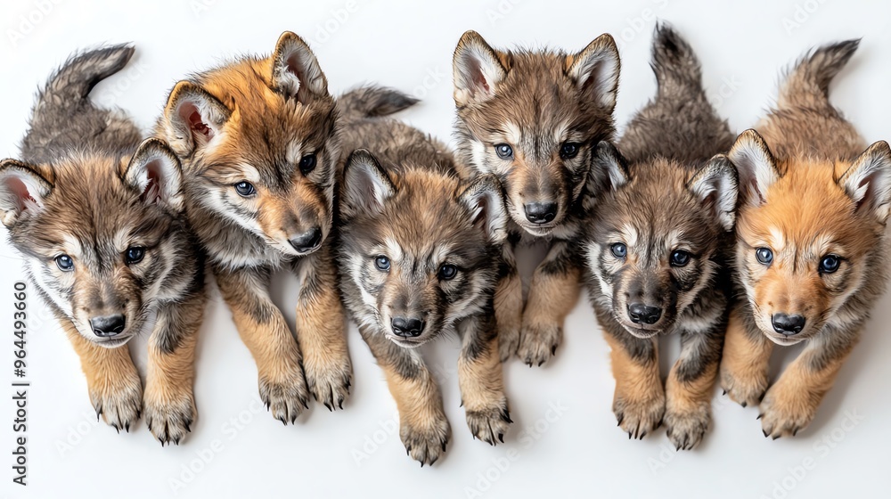 a whole view of multiple wolf pups on isolated white background, view from above, editorial photography a whole view of multiple wolf pups on isolated white background, view from above, editorial photography