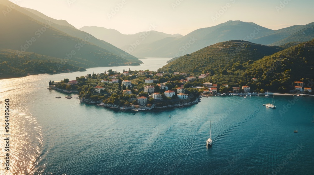 A serene coastal village is nestled between verdant hills and tranquil waters, bathed in the gentle glow of the setting sun. A lone sailboat dots the peaceful harbor. A serene coastal village is nestled between verdant hills and tranquil waters, bathed in the gentle glow of the setting sun. A lone sailboat dots the peaceful harbor.