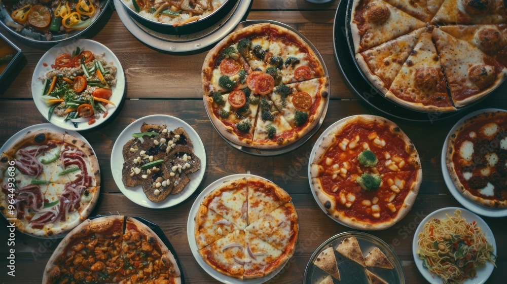 An inviting spread of various pizzas arranged on a wooden table, capturing the essence of a lively and delicious pizza party. An inviting spread of various pizzas arranged on a wooden table, capturing the essence of a lively and delicious pizza party.