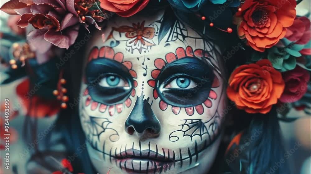 A captivating close-up of a woman adorned with intricate Day of the Dead face paint, framed by a vibrant floral headdress featuring red roses and delicate berries. A captivating close-up of a woman adorned with intricate Day of the Dead face paint, framed by a vibrant floral headdress featuring red roses and delicate berries.