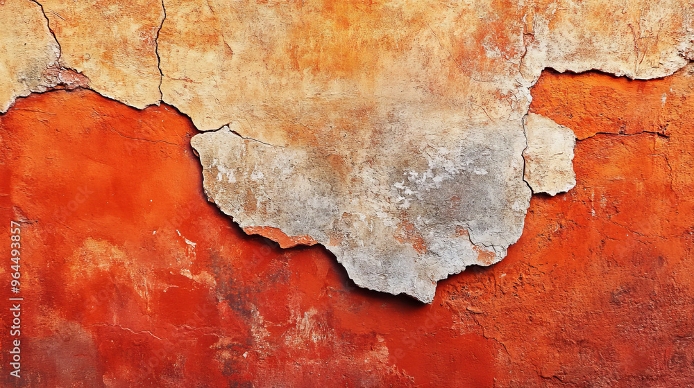 Obraz premium The photo shows a rough wall painted a warm reddish-orange. It's cracked and uneven, hinting at its age and the effects of time.