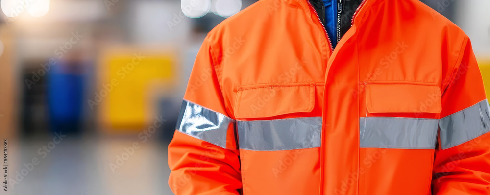 Close-up of the reflective material on a worker s protective jacket, with an industrial training room blurred in the background Close-up of the reflective material on a worker s protective jacket, with an industrial training room blurred in the background