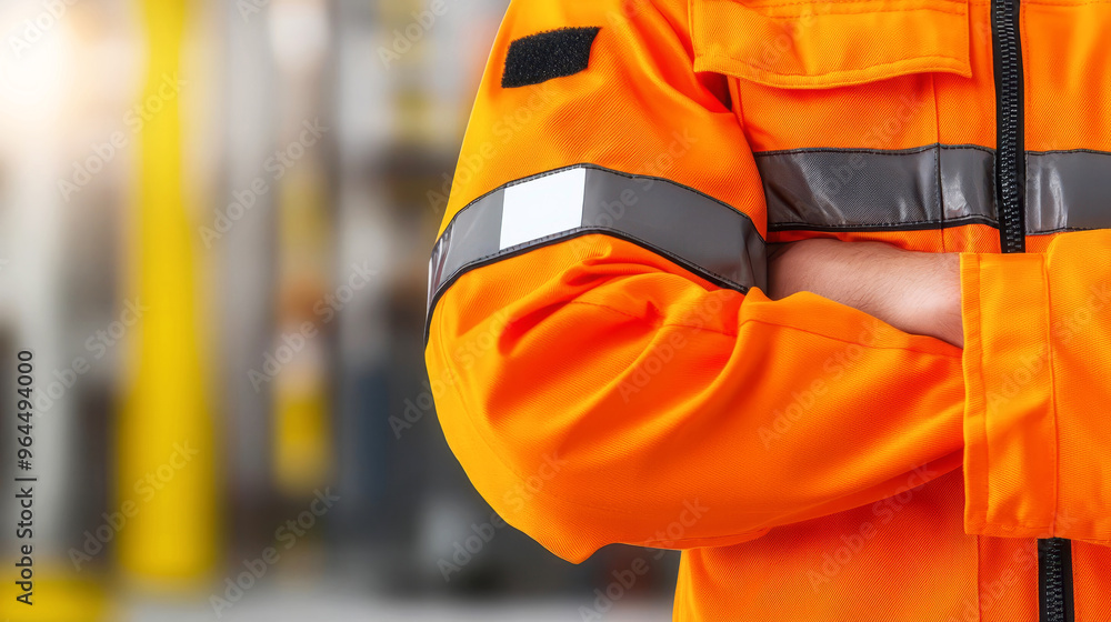 Macro view of a reflective strip on a safety jacket, with a faint industrial training setting behind Macro view of a reflective strip on a safety jacket, with a faint industrial training setting behind