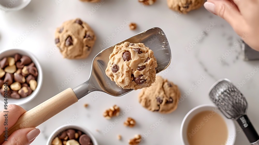 Scooping Chocolate Chip Cookie Dough with Wooden Handle Metal Scoop Scooping Chocolate Chip Cookie Dough with Wooden Handle Metal Scoop